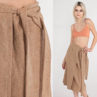70s Wrap Skirt Tan Wool Midi Skirt High Waisted Plain Basic Summer Adjustable Simple Straight Cut Preppy Chic Vintage 1970s Medium Large 