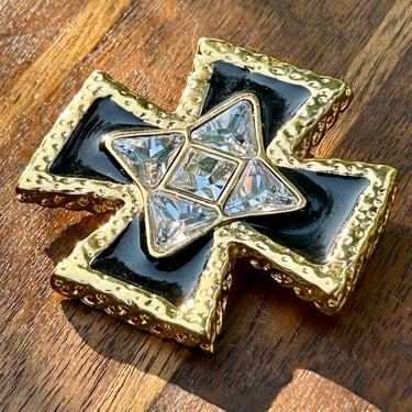 Vintage St John Brooch Gold Plated Maltese Cross Crystal 80s Designer Fashion Pendant 