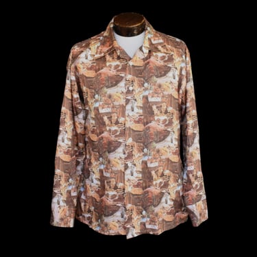 Vintage 70s Western Desert Print Shirt, 1970s Polyester Long Sleeve Button Front, Joe Namath by Arrow, Size Large to XL 