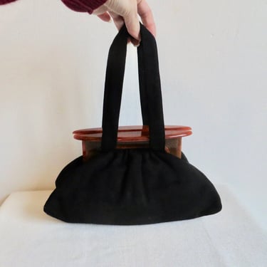 Vintage 1940's Black Wool Fabric Purse with Butterscotch Bakelite Frame Fall Winter Rockabilly WW2 Era 40's Handbags Jacqueline Mode Bag 