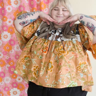 Chubby Dust Bunny Handmade Earth Sign Floral Blouse with Tie. 4XL/5XL. Recycled Vintage Fabric. 