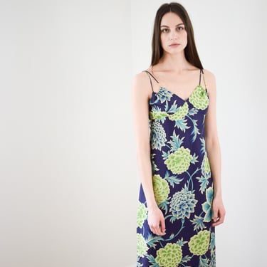 Vintage Laundry by Shelli Segal Chrysanthemum Dress | XS | 1990s Floral Print Silk Rayon Sheath Dress | Blue and Green 