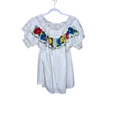 Vintage Mexican Embroidered Oaxaca Peasant Blouse, Large 
