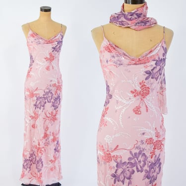 1990s Pink Floral Silk Evening Dress | 90s Pink Beaded Sequin formal | ALEX | Medium 