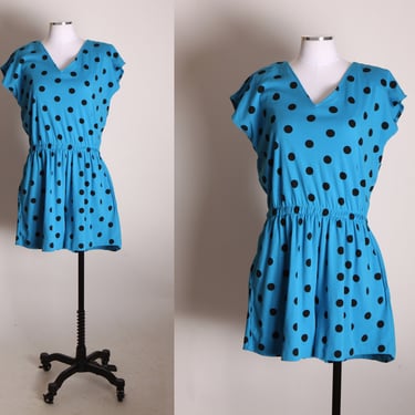 1980s Blue and Black Polka Dot Keyhole One Piece Jumpsuit Romper Shorts by Allison Blair -L 