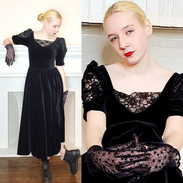 80s Black Velvet Party Dress by Laura Ashley w/ Short Puffed Sleeves - XS 