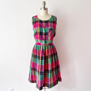 SIZE L 1980s Plaid Cotton Day Dress / 80s Malu Malu Cotton Plaid Dress / Vintage Rainbow Cotton Shirt Dress 