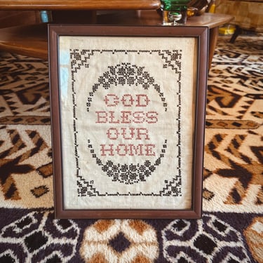 Vintage Needlepoint "God Bless Our Home" - Wall Decor - Kitchen Decor - 14 X 11 Inches 