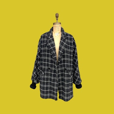 Vintage Coat Retro 1980s Patina International + Blazer Coat + Tweed Print + Plaid + Black and White + Acrylic + Cold Weather Apparel 