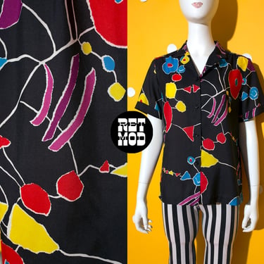 Miro Abstract Art Vines Novelty Print Button Down Vintage 80s Short Sleeve Shirt 