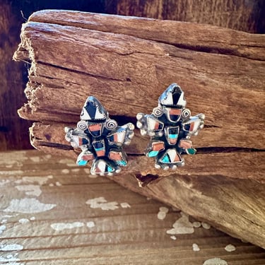 VINTAGE ZUNI Clip On Silver Earrings | Turquoise Coral Jet Abalone | Screw Back Inlay Design Jewelry | Native American, Southwestern 