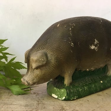 Antique Plaster Hog/Pig, Detailed And Textured, Pig In Grass, Chalkware, Farmhouse Decor, Pig Lovers 