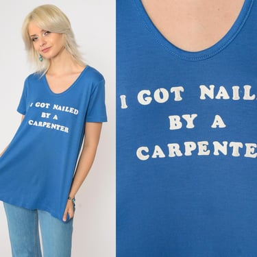 Vintage Maternity Shirt I Got Nailed By a Carpenter Shirt Funny Slogan Shirt Blue 80s Joke TShirt Retro T Shirt 1980s Top Graphic Medium 