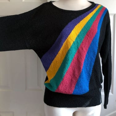 RAINBOW 70s Vintage DISCO Sweater Top 1970's Blouse, Shirt Black Pullover, 44