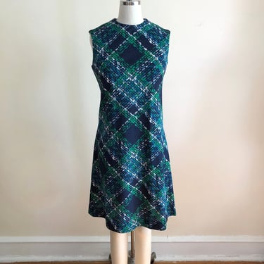 Sleeveless Bright Blue and Green Geometric Print Shift Dress - 1960s 