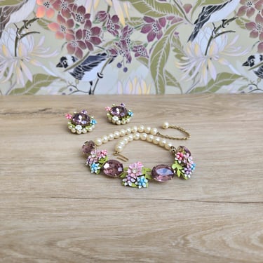 Vintage 1950's Pastel Enamel Flowers, Rhinestones and Pearls Choker/Necklace and Earrings Set - Beautiful and Unique 
