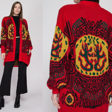 Lrg-XL 80s Boho Red Abstract Knit Oversize Cardigan | Vintage Hosanna Button Up Long Sweater Jacket 