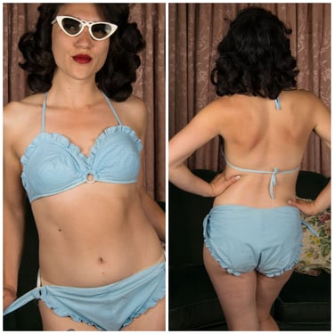 1950s Swimsuit - Rare Unique California Swim & Playwear Cotton Bikini in Dotted Blue with Ruffles 