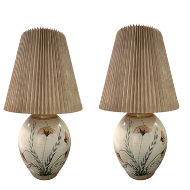 vintage mid century modern pair of stoneware  ceramic table lamps shades studio pottery  1960s 