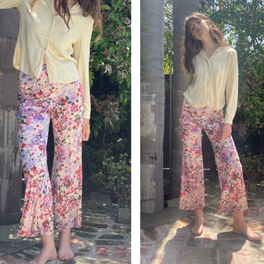 70s Bell Bottoms Flares Pants High Waist Floral Print slinky Playful S M 