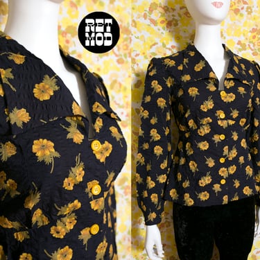 Vintage 70s does 40s Black & Yellow Floral Collared Blouse with Waist Tie 