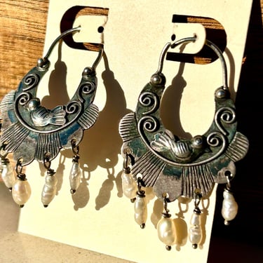 Sterling Silver Earrings Fresh Water Pearl Birds Handmade Mexico 925 Vintage Retro Artisanal Jewelry 