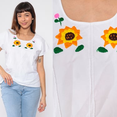 Sunflower Shirt 90s Floral Embroidered Blouse White Mexican Top Peasant Hippie Cap Sleeve Tent Summer Boho Festival Vintage 1990s Large L 