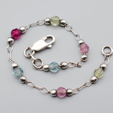 Dainty 90's Italy 925 silver colored crystals link bracelet, elegant green blue pink red bicones sterling stacker 