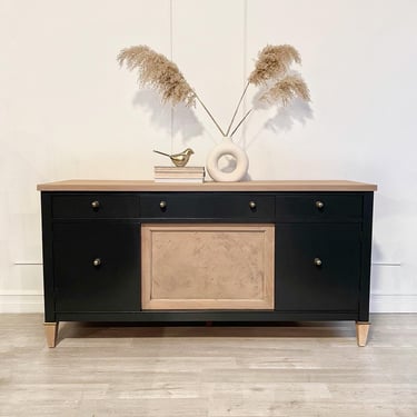 Natural wood and black two tone finish modern refinished cabinet / entryway piece / sideboard / credenza / buffet 