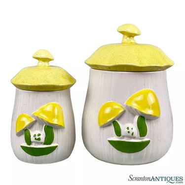 Mid-Century Porcelain Yellow Mushroom Kitchen Canisters - A Pair