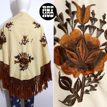 Lovely Vintage 70s Cream & Brown Floral Embroidered Shawl with Fringe 