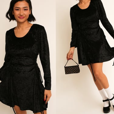 Vintage 1980s 80s Jet Black Crushed Velvet Long Sleeve Corset Mini Dress 