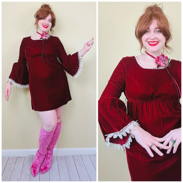 1970s Vintage Maroon Velvet Empire Waist Mini Dress / Bell sleeve Red Lace Trim Part Dress / Size Medium - Large 