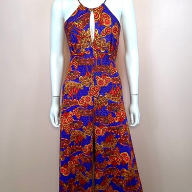 Vtg 1970s vibrant novelty print maxi dress 