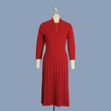 1940s Dress / 40s Red Knit Skirt and Sweater Set / Kimberly Knitwear 