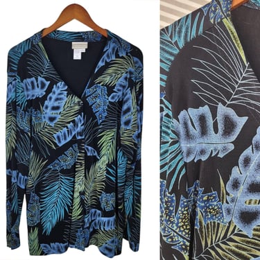 Coldwater Creek size XL Cardigan Travel Knit Stretch Jacket Black Tropical Leaf 