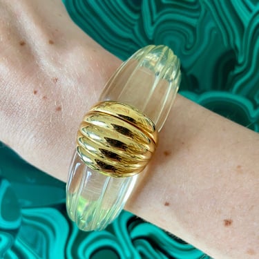 Couture 80s GIVENCHY Carved Clear Lucite &amp; Gold Bangle Bracelet