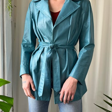 70s Turquoise Belted Leather Jacket