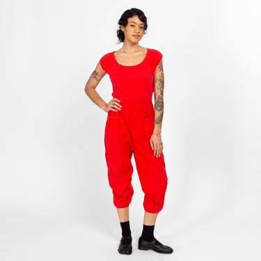 Small 80s Red Cotton Keyhole Back Capri Jumpsuit | Vintage Short Sleeve Scoop Neck Pantsuit 