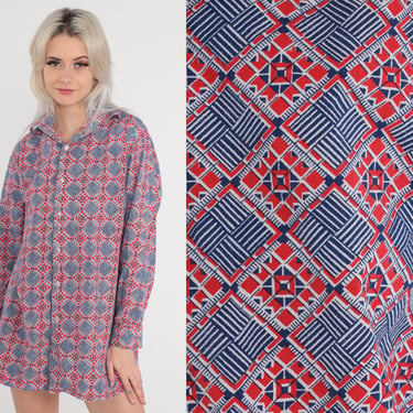 70s Button Up Shirt Red Blue Geometric Tile Print Top Long Sleeve Collared Oxford Pattern Statement Shirt Retro Vintage 80s Extra Large xl 