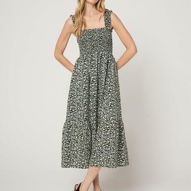 The Smocked Ruffle Tank Midi Dress - Black Sunflower