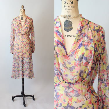 1930s SHEER tissue silk BALLOON SLEEVES floral dress xs small | new spring 