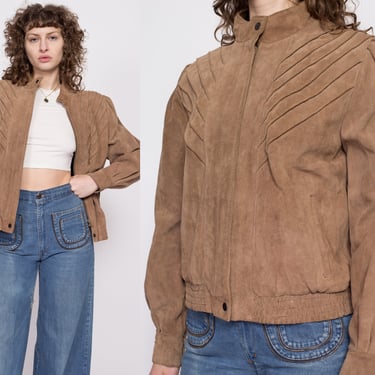 Large 80s Wilson's Brown Suede Jacket | Vintage Leather Puff Sleeve Zip Up Cropped Bomber 