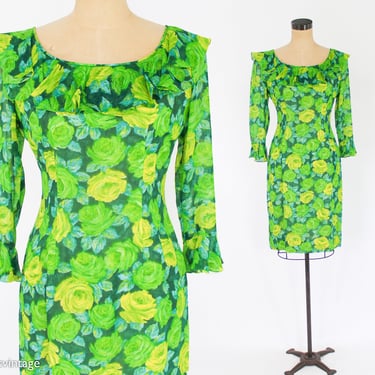 1950s Lime Green Silk Print Dress | 1950s Cabbage Rose Print Chiffon Dress | Elinor Gay Originals | Medium 