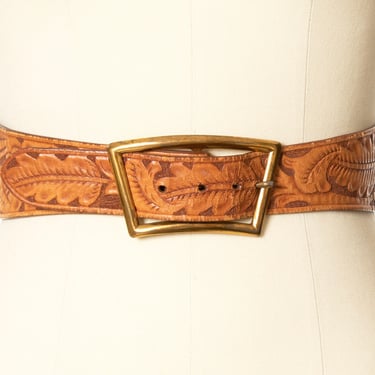 Vintage Cinch Belt | Tooled Brown Leather Leaves Floral Brass Buckle High Waisted Boho Belt (small/medium) 