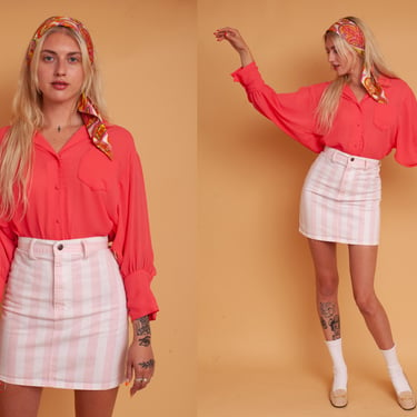 Vintage 70s Coral Salmon Pink Sheer Batwing Balloon Sleeve Button Up Blouse 