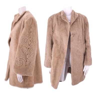 40s plush faux fur coat, beige studded soutache trim winter coat, vintage 1940s swing jacket, car coat evening M 