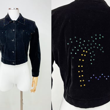 Vintage 50s-60s Black Velvet Cropped Jacket w Bedazzled Jewels & Palm Tree Beach Scene by I.MAGNIN-hi XS | Hawaii, Florida, SF Collection 