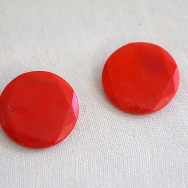 1950s West German Red Flat Faceted Glass Clip Earrings 