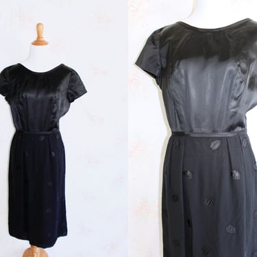 Vintage 50s Black Party Dress, 1950s Satin Dress, Floral Applique, Cocktail, Formal, Short Sleeve, Study Piece 